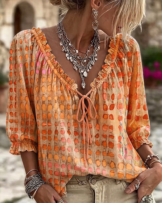 Blouse Stippenpatroon Met Vetersluiting
