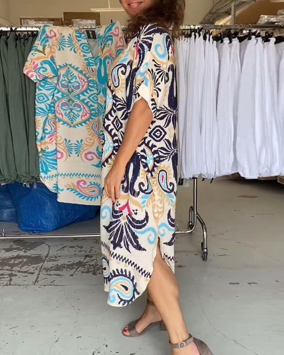 Boheemse losse jurk met V-hals en halve mouwen