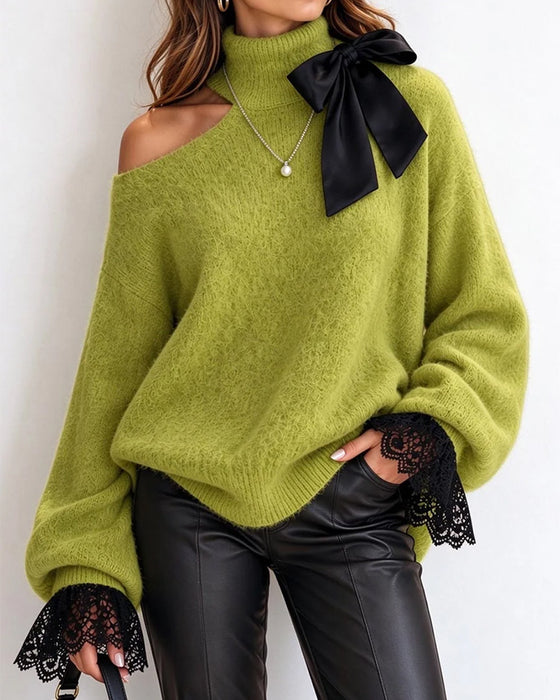 Pullover Turtleneck Strik Off-Shoulder Kant Patchwork