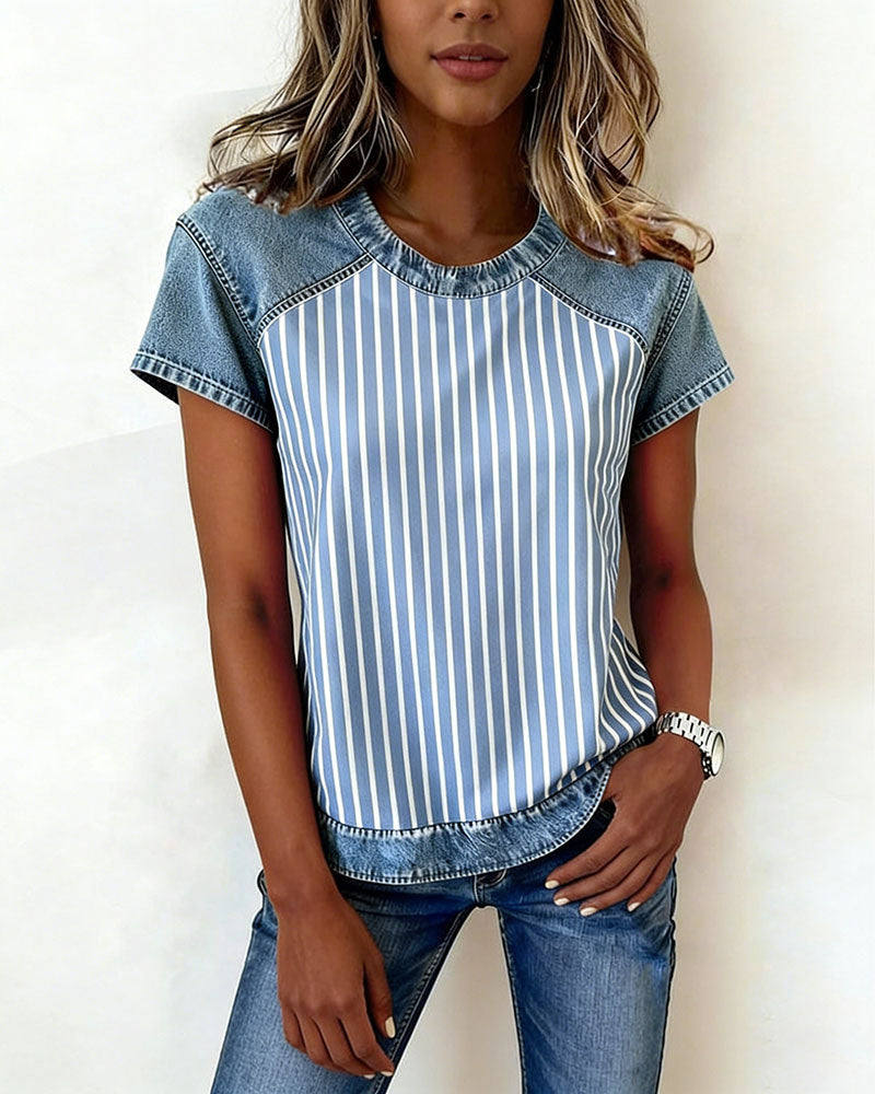 T-Shirt Denim Patchwork Gestreept Korte Mouw