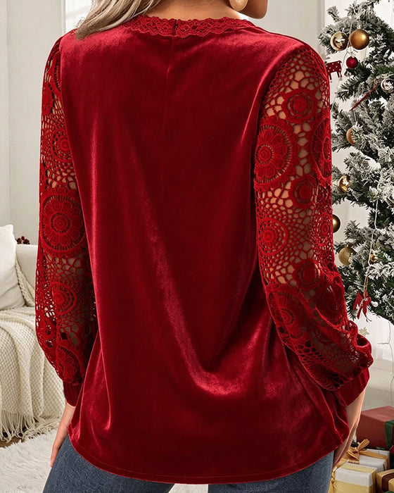 Blouse V-Hals Uitsnede Kant Paneel Lange Mouw