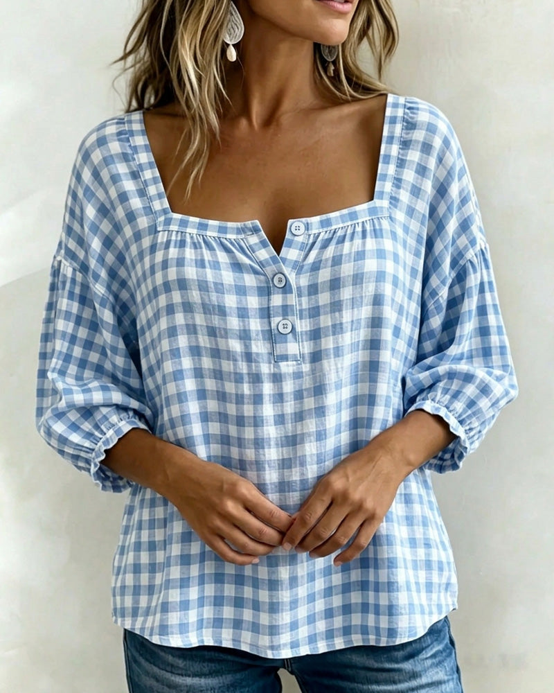 Blouse Vierkante Hals Knoopsluiting Ruit