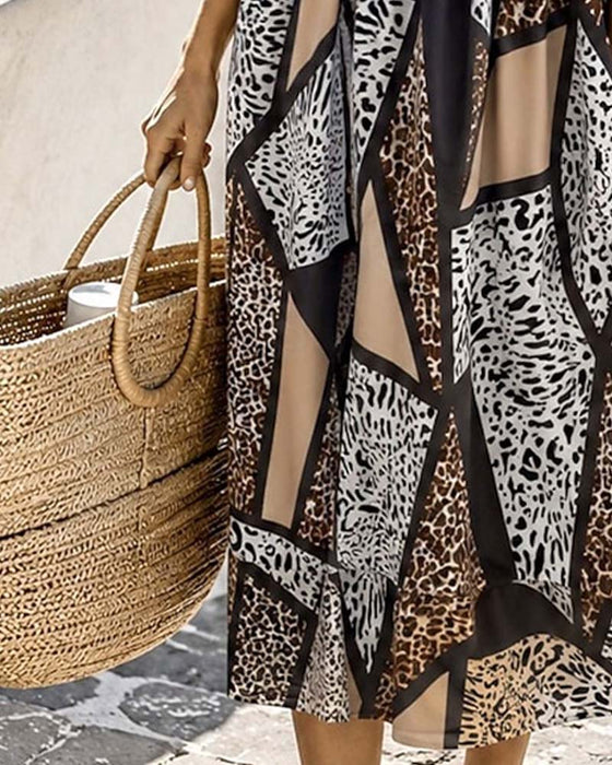 Jurk Geometrisch Patchwork Luipaard Volle Rok Maxi