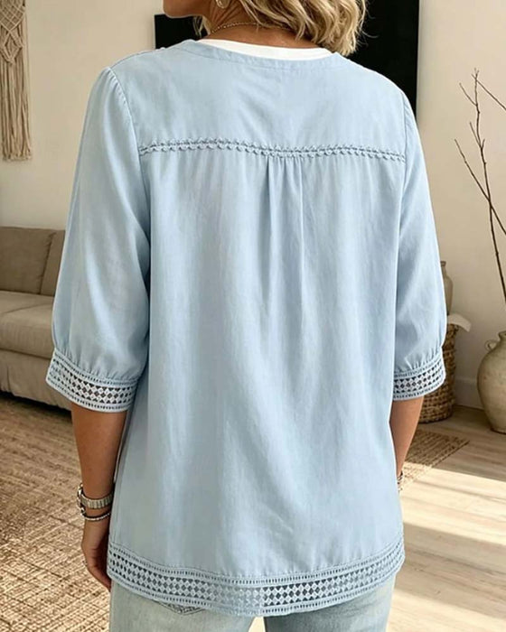 Blouse V-Hals Knoop Kant Opengewerkt Effen