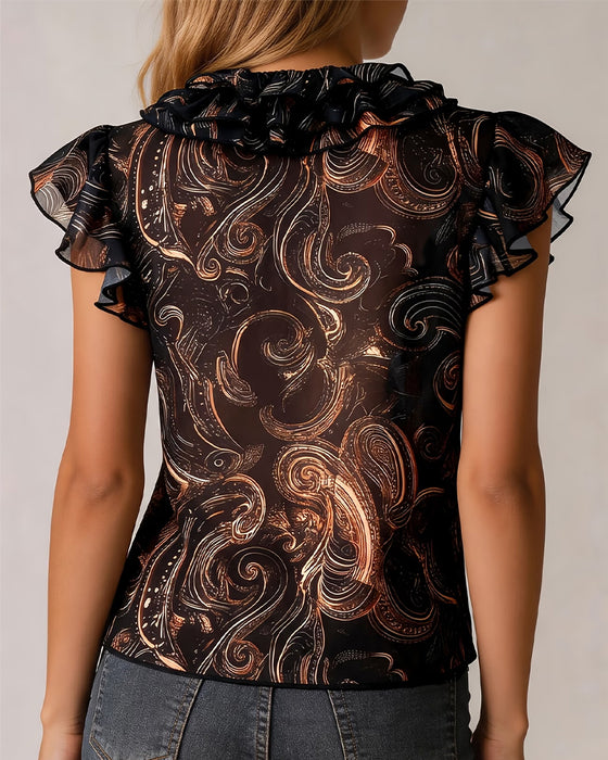 Blouse V-Hals Ruffle Flutter Mouw Print