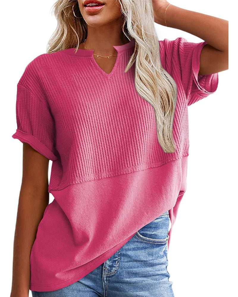 T-Shirt Getailleerde Taille Patchwork V-Hals Pullover