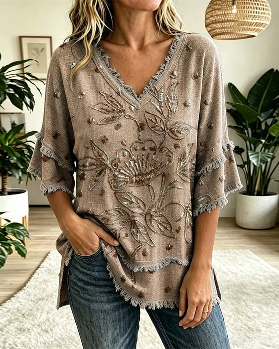 Blouse V-Hals Kwastje Rafelig Driekwart Mouw