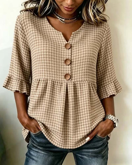 Blouse Ruitjesmotief Drieknoops Casual