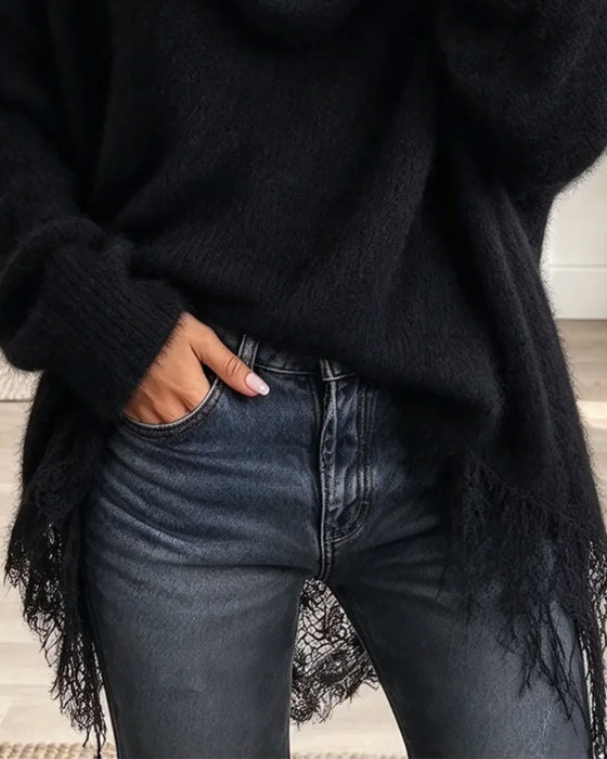 Pullover Gedrapeerde Kraag Franje Pluche Wijd