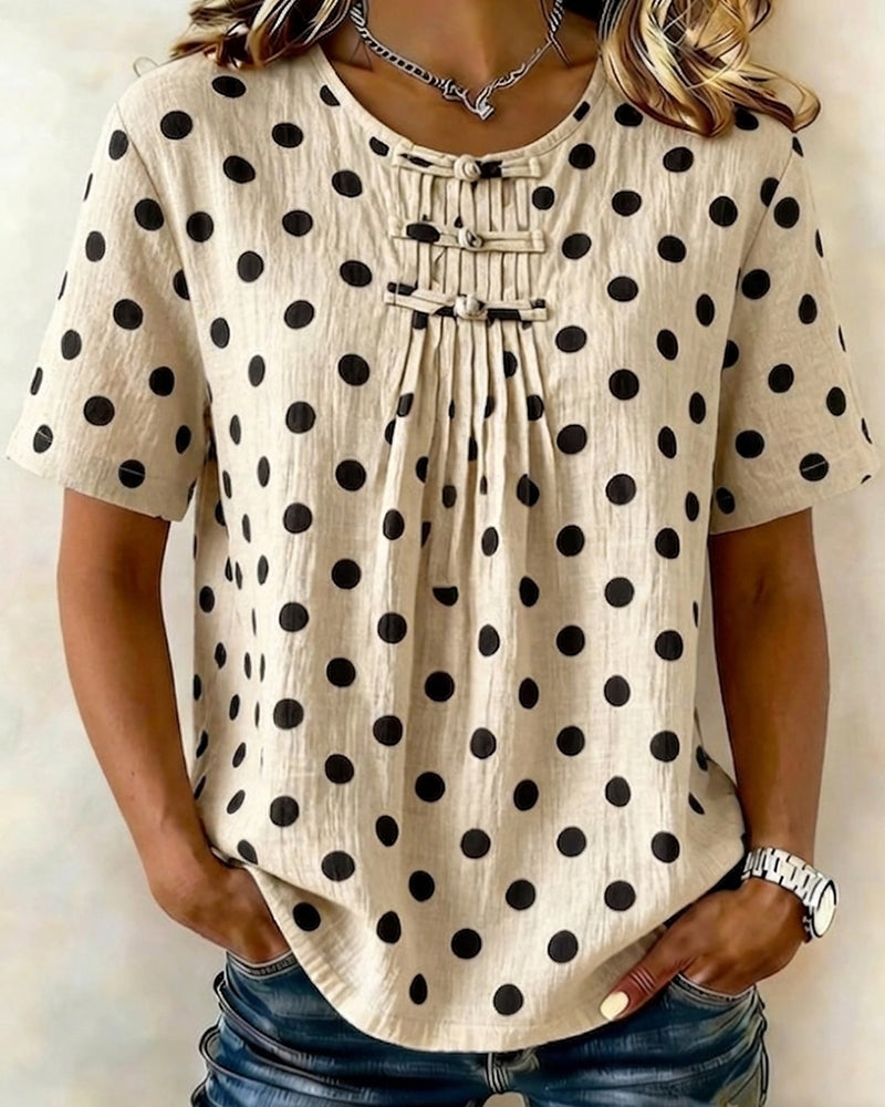 Blouse Polka Dot Frog Button Korte Mouw