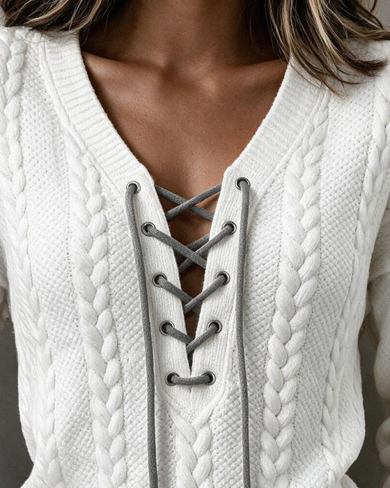Blouse V-Hals Rijgstrook Kabelbrei Lange Mouw