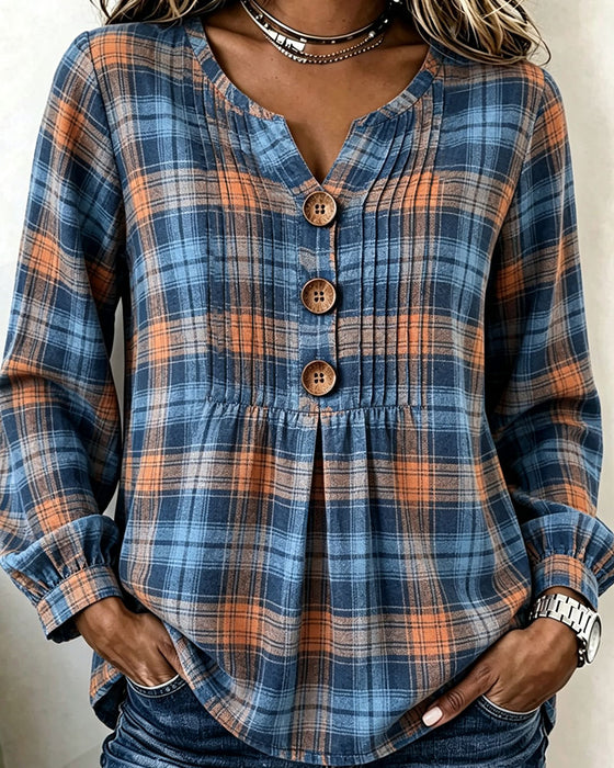 Blouse Drie-Knoop Geruit Langmouw