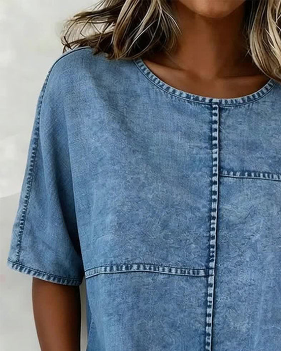 Top Versleten Denim Korte Mouw