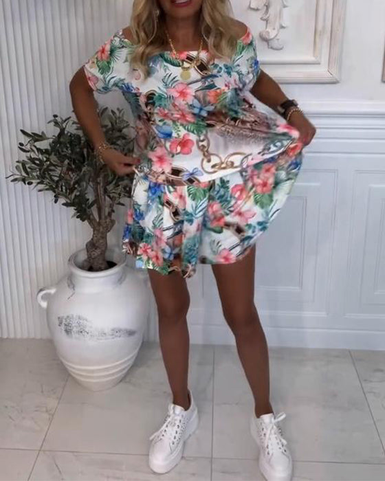 Jumpsuit Met Planten - en Bloem Motieven, Off - the - Shoulder Stijl