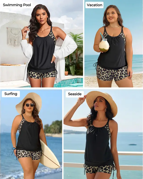 Tankini Mouwloos Luipaard Patchwork Trekkoord
