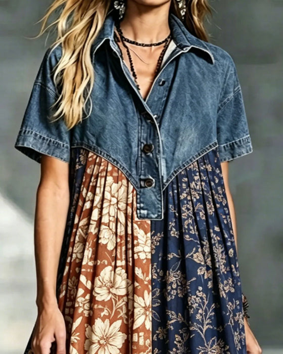 Jurk Overhemdkraag Bloemig Contrast Denim Patchwork