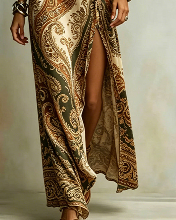 Jurk Paisley Enkel Schouder Stropdas Split Maxi
