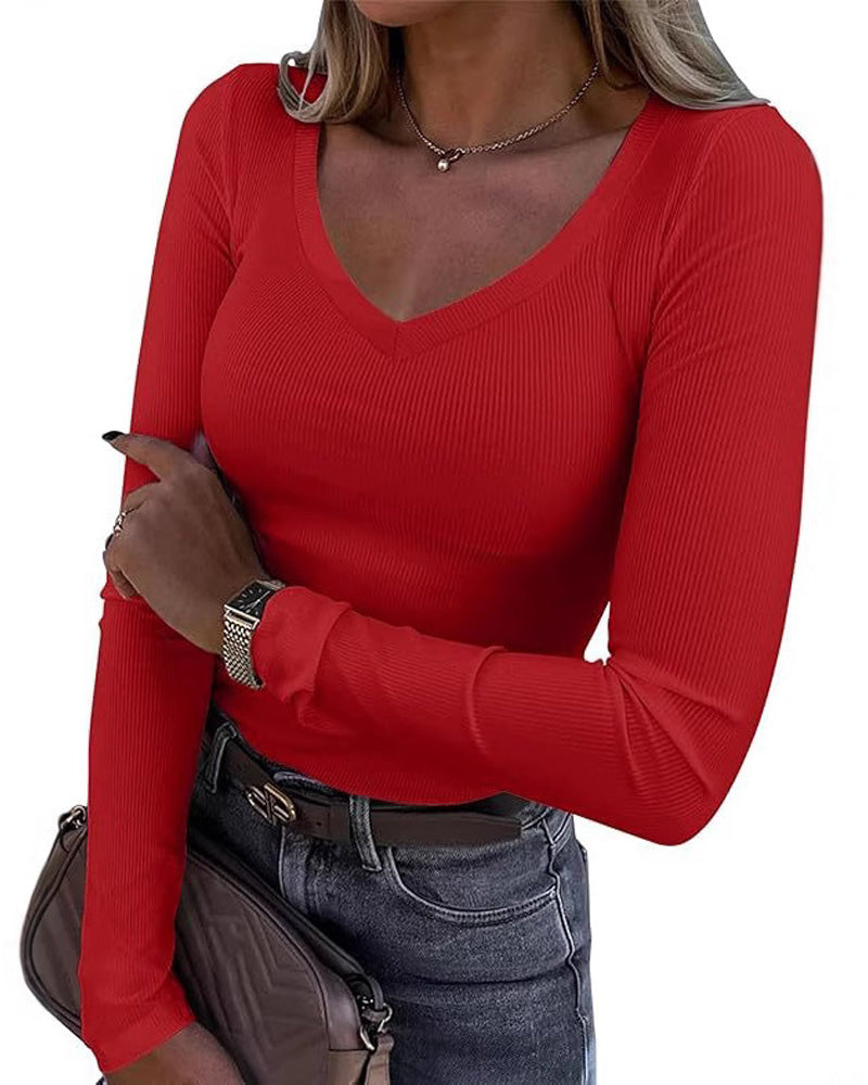 Top V-hals Slim Lange Mouw