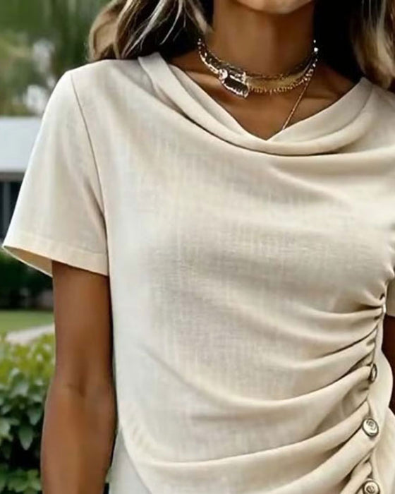 Blouse Slim Fit Gedrapeerde Hals Korte Mouw