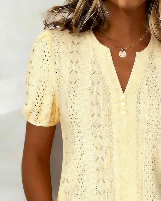 Blouse V-Hals Parel Knoop Bel Mouw