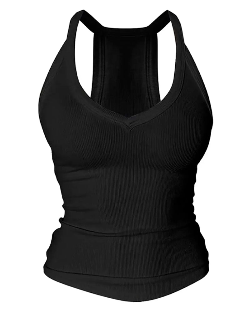 Cami Top Ingebouwde Bh V-Hals Geribbeld Spaghettibandjes