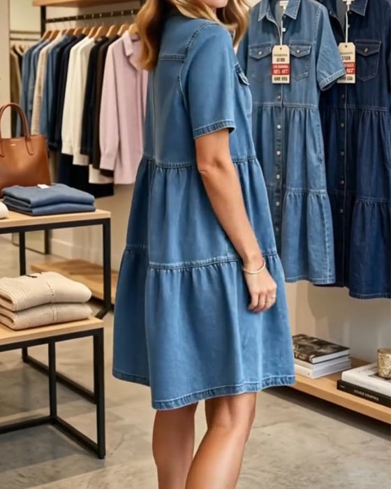 Jurk Denim Ruffle Gelaagd Korte Mouw