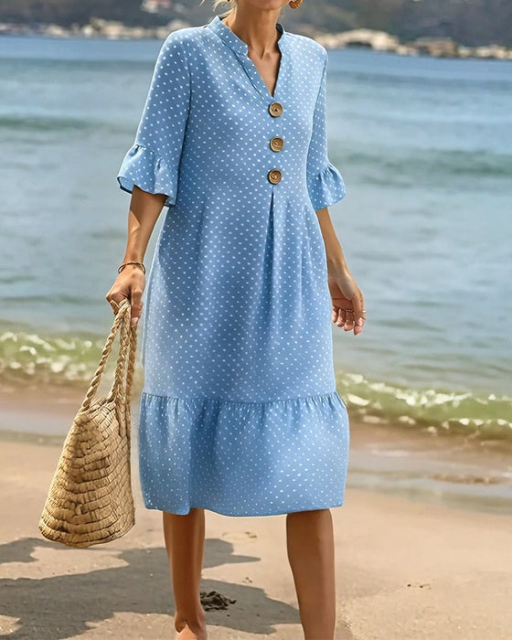 Jurk Polka Dot V-Hals Geruwde Mouw