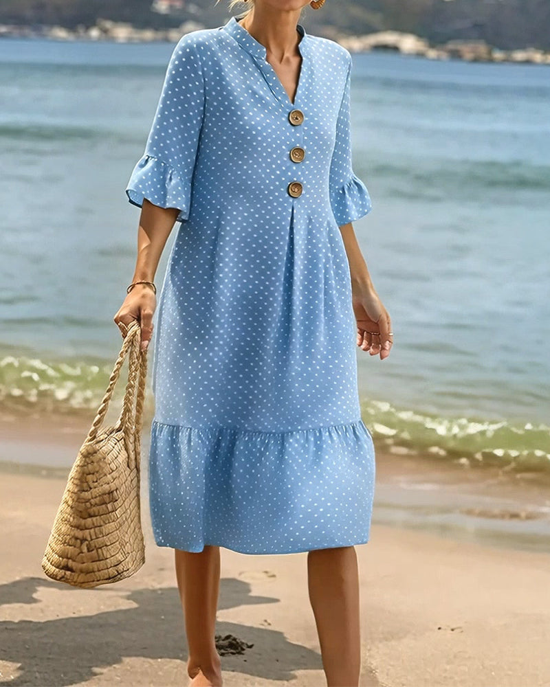 Jurk Polka Dot V-Hals Geruwde Mouw
