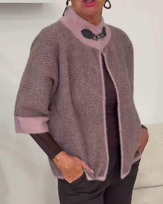 Cardigan Visgraatpatroon Kleurblok Cropped Gebreid
