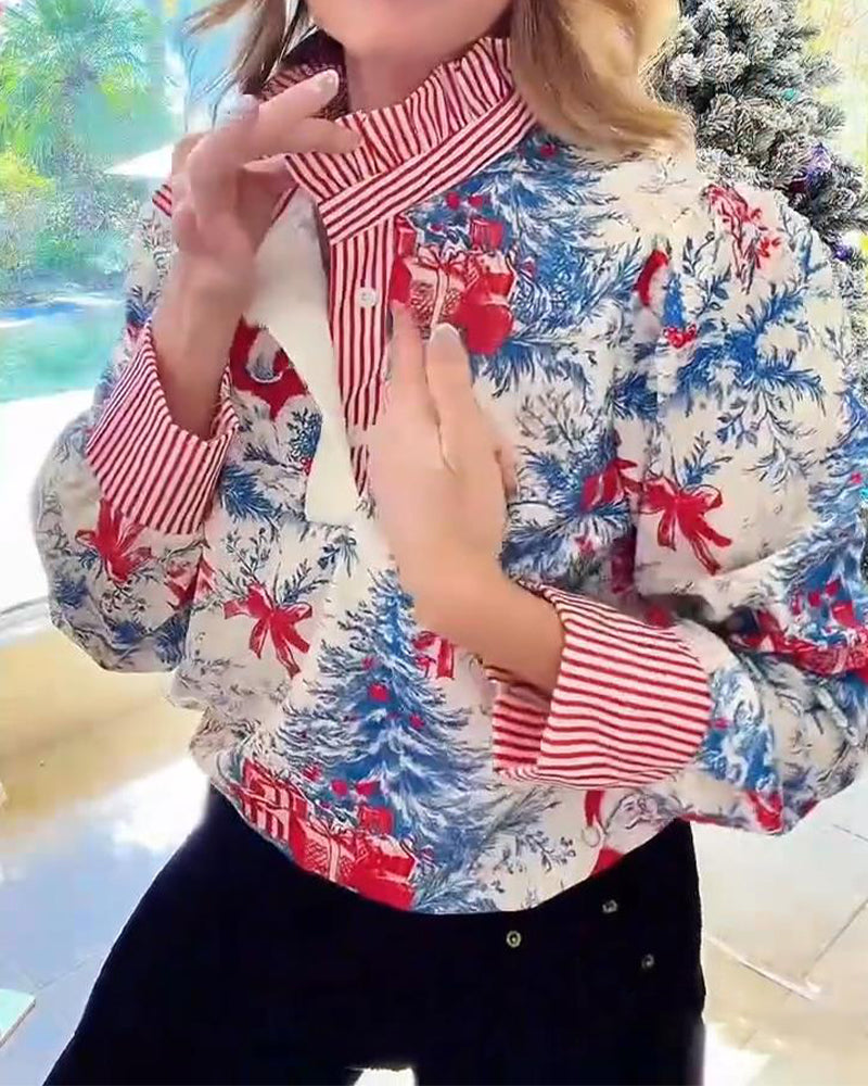 Modieuze Langmouwige Blouse Met Kerstprint