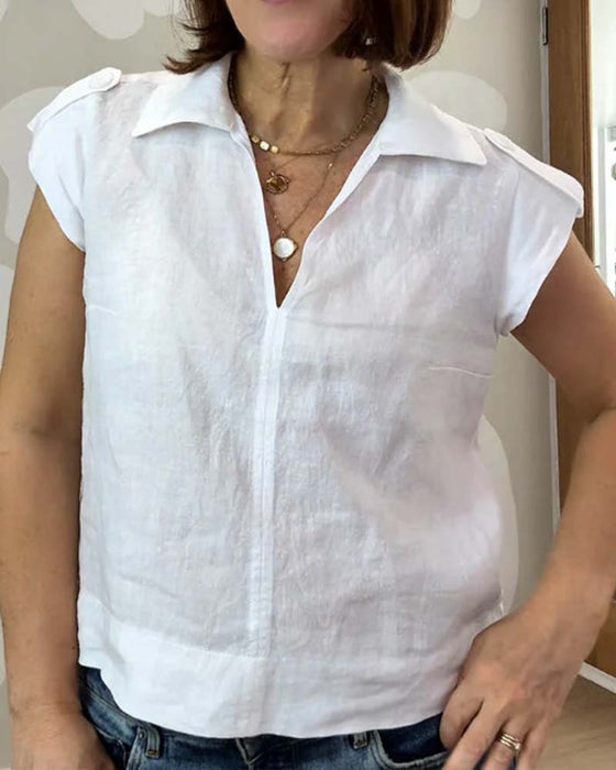 Blouse Knoopsgat V-Hals Korte Mouw Effen