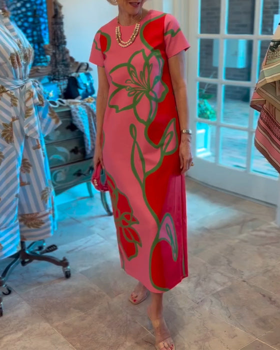 Jurk Color-Block Bloemenprint Recht