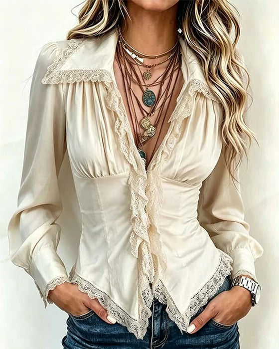 Blouse Kraag Kant Gesplitst Langmouw