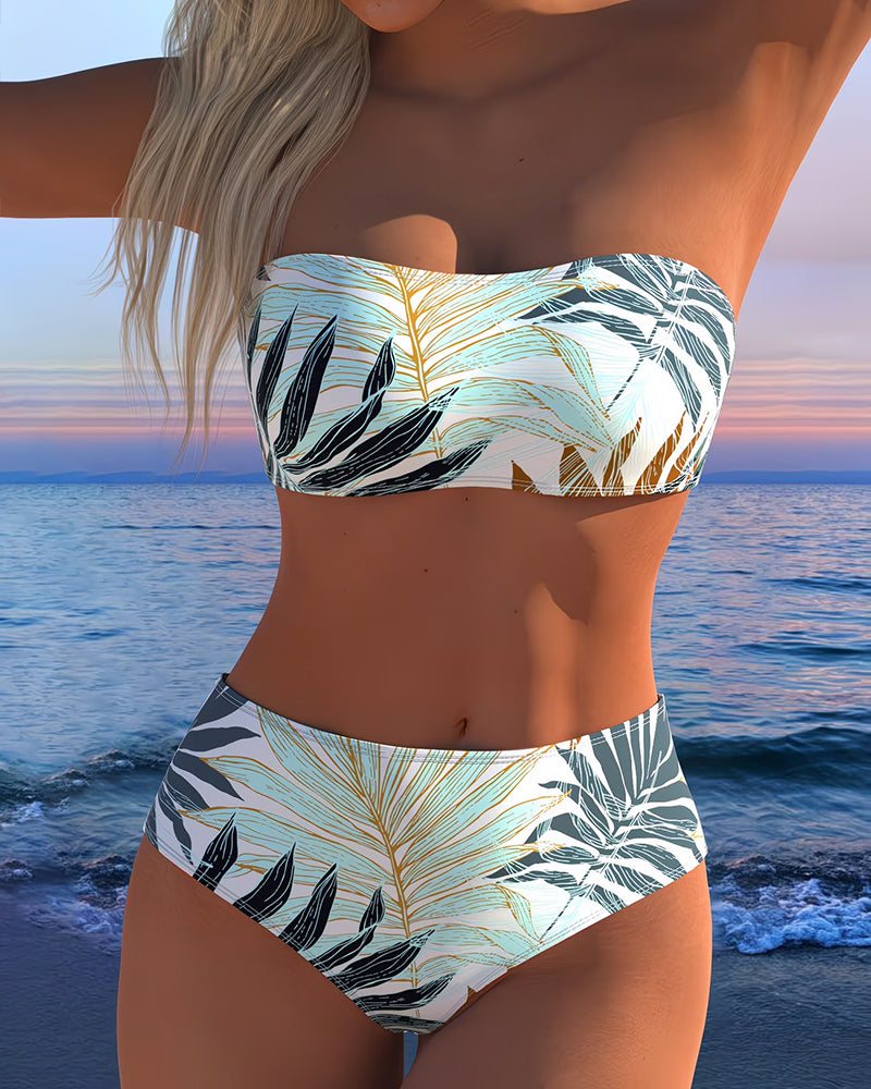 Bikini tropische plantenprint strapless