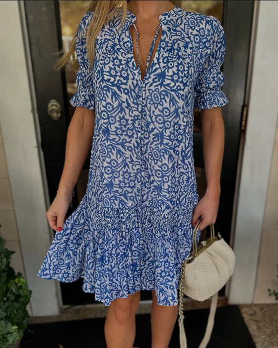 Jurk Met Strik Pofmouwen Bedrukt