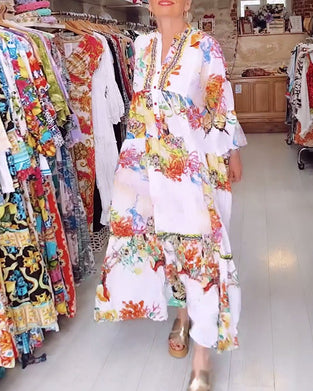 Boho geprinte patchwork jurk met knopen