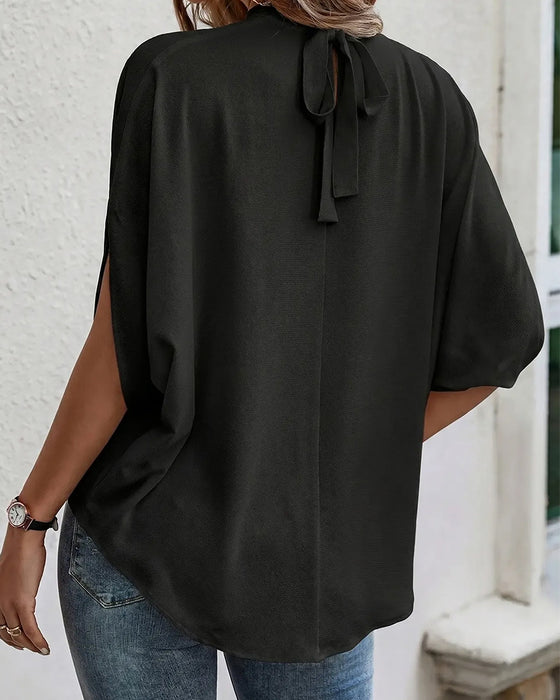 Blouse Mock Neck Geplooid Driekwart Mouw Effen