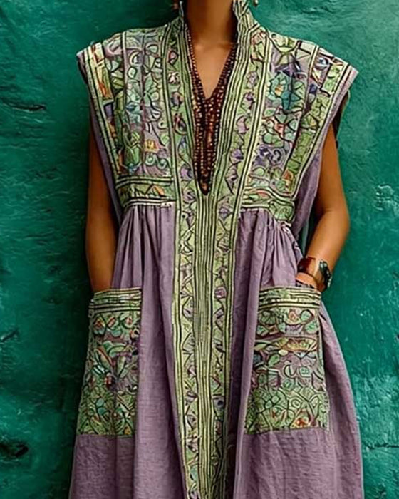 Jurk Retro Print Zak Mouwloos Lang