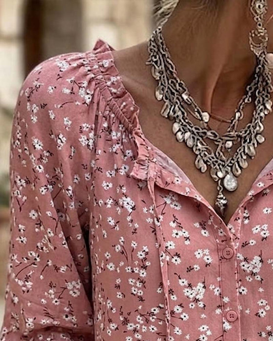 Blouse V-Hals Bloemen Bandjes Ruches Mouw