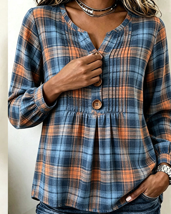 Blouse Drie-Knoop Geruit Langmouw
