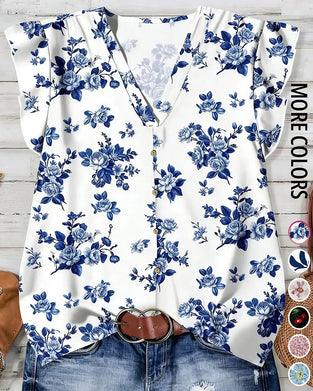Blouse Met V-Hals En Bedrukte Ruche-Mouwen