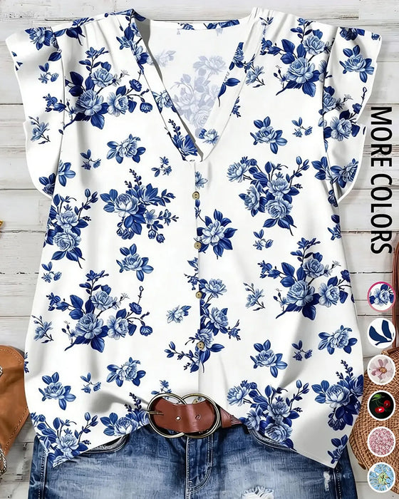 Blouse Met V-Hals En Bedrukte Ruche-Mouwen