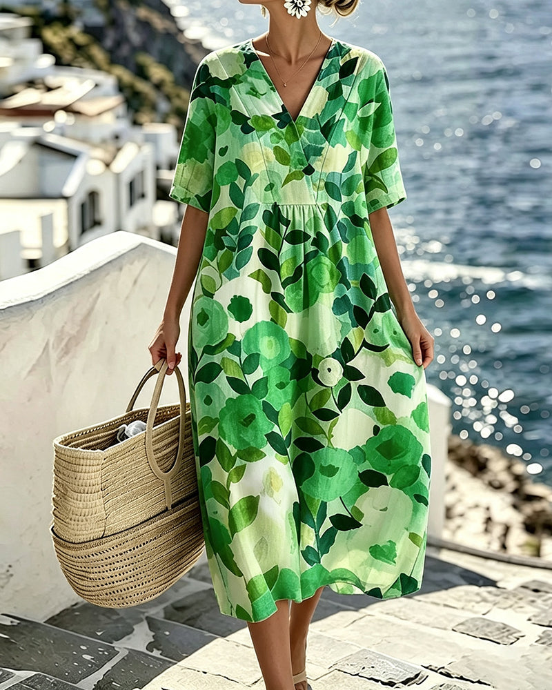 Jurk Aquarel Bloemen V-Hals