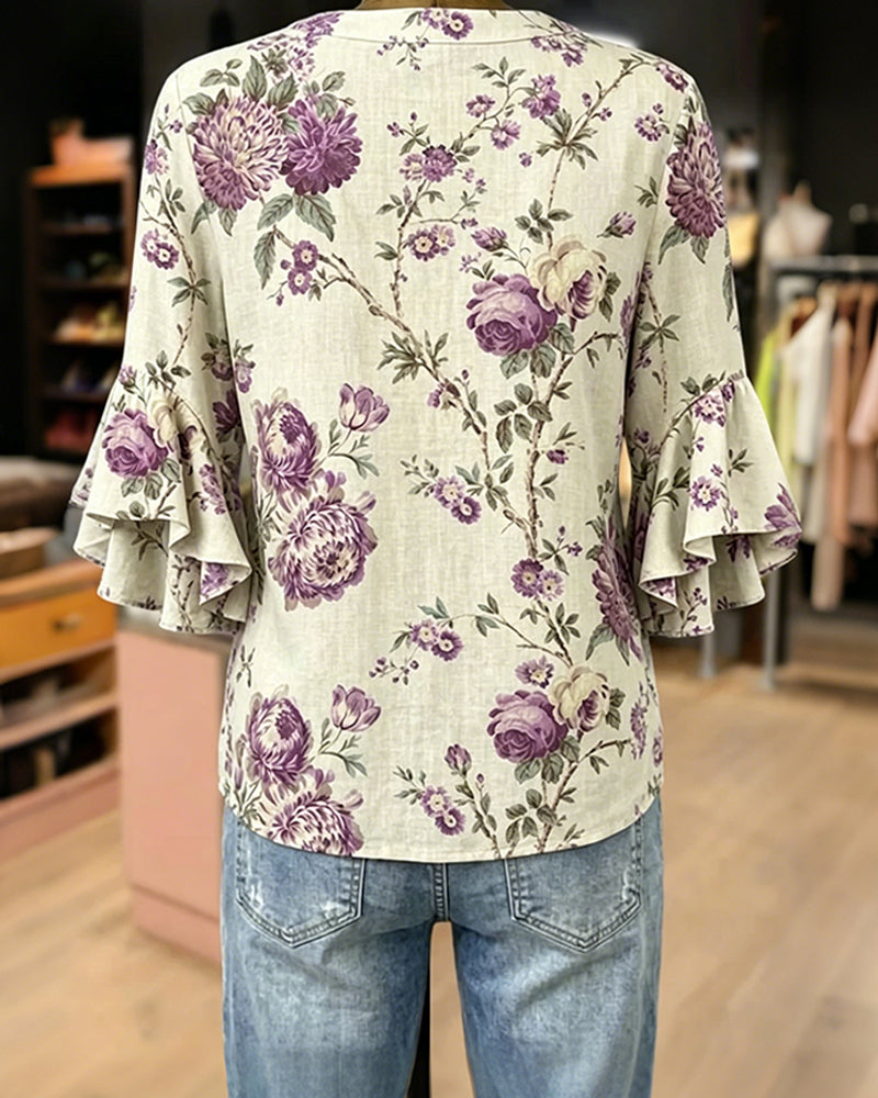 Jurk Retro Print V-Hals Ingesnoerde Taille Lang