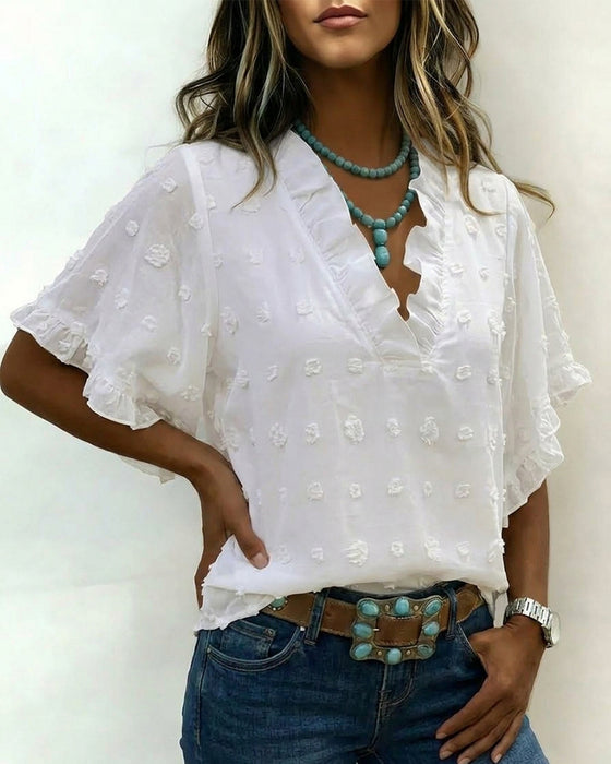 Blouse Jacquard V-Hals Ruche