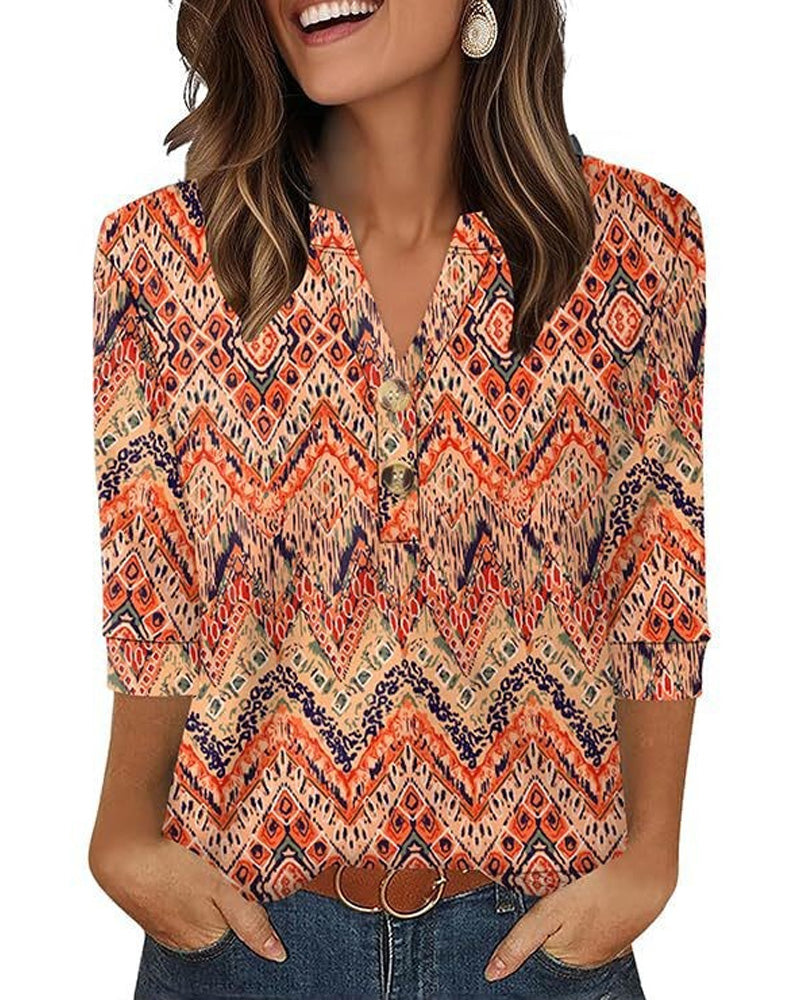 Blouse V-Hals Geknoopt Driekwart Mouw