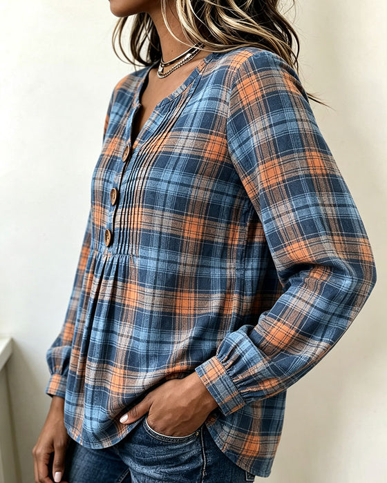 Blouse Drie-Knoop Geruit Langmouw