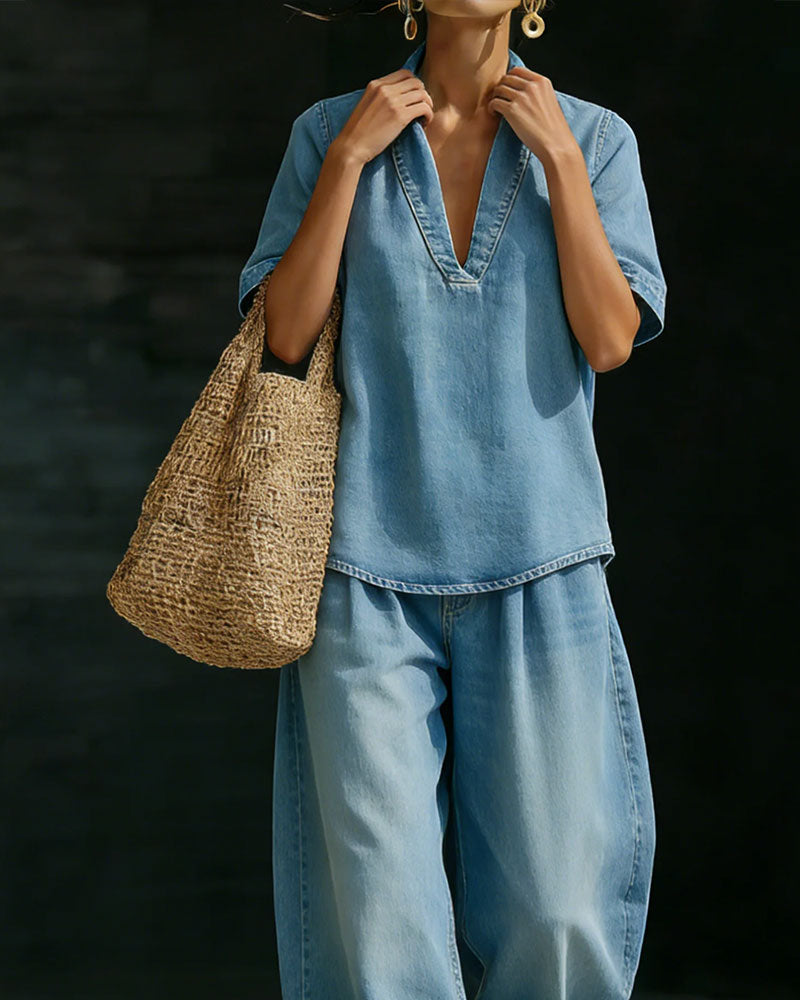 Set Gewassen Denim V-Hals