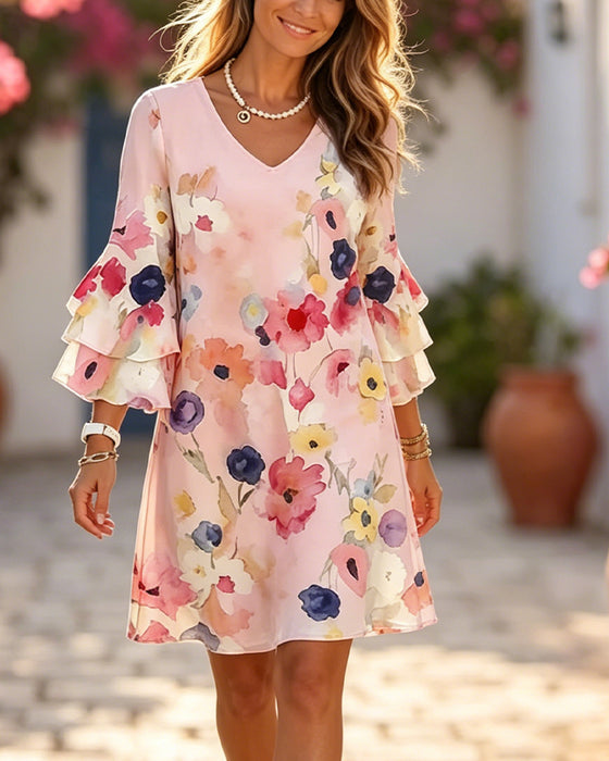 Jurk Aquarelprint Flare Mouw Kort