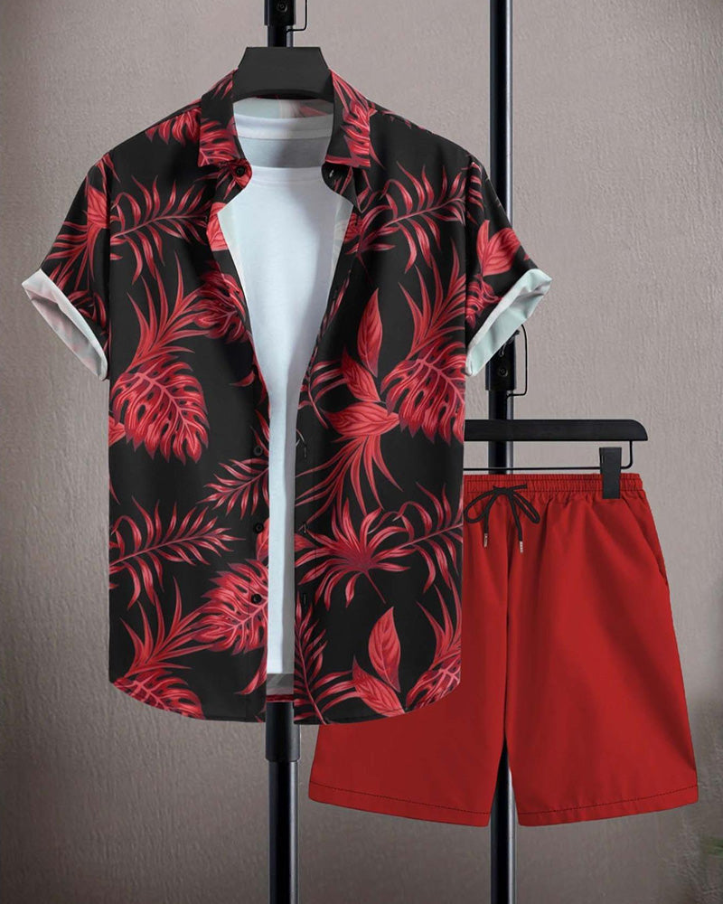 Sets Knoopsgat Palm Blad Print Korte Mouw
